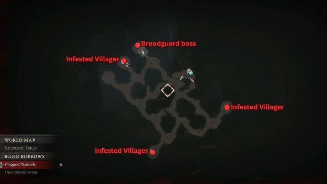 Diablo 4 Blind Burrows Infested Villagers et Broodguard boss map locations