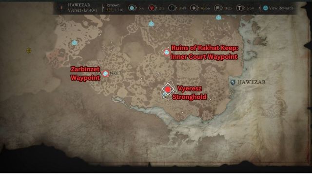 Emplacement de la carte du guide Diablo 4 Vyeresz Stronghold