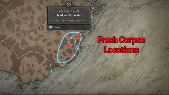 Diablo 4 Dead in the Water Fresh Corpse emplacements de la carte