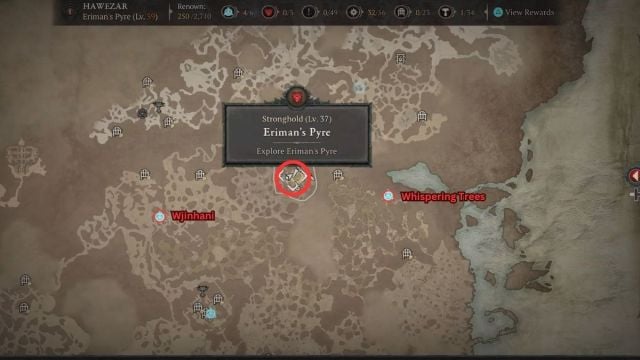 Diablo 4 Eriman's Pyre Stronghold emplacement de la carte marqué