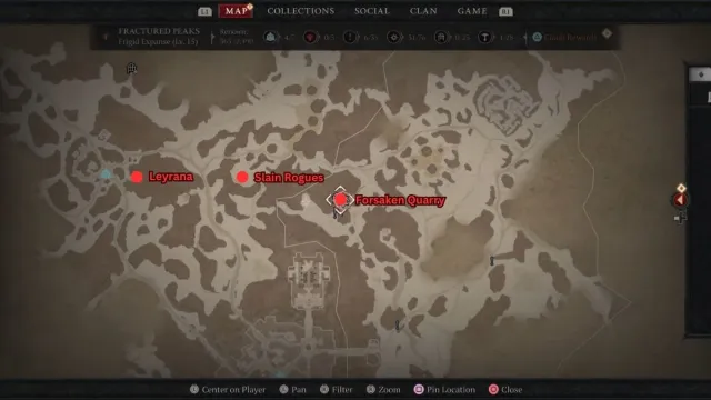 Diablo 4 Rogue True Potential Map emplacement pour Leyrana, les voleurs tués et la carrière abandonnée.