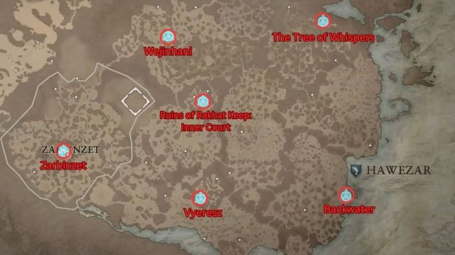 Carte des waypoints de la zone Diablo 4 Hawezar