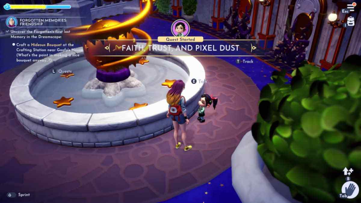 La quête Faith, Trust et Pixel Dust de Disney Dreamlight Valley commence par parler à Vanellope à l'intérieur du Dream Castle à côté de la fontaine.