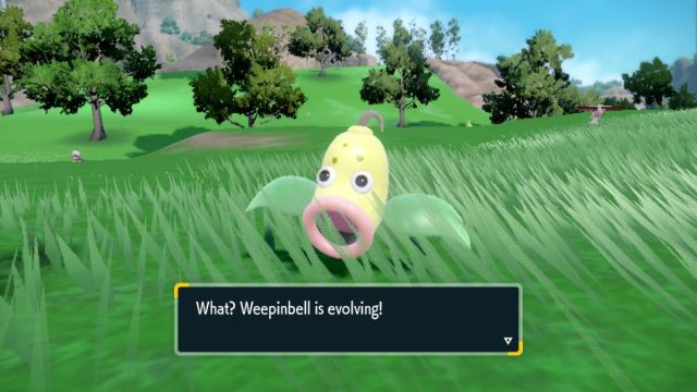 Weepinbell évolue avec une Pierre Feuille dans Teal Mask DLC Pokémon Écarlate et Violet