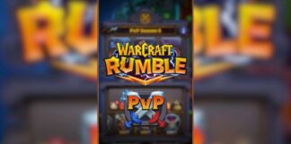Warcraft Rumble PvP screen with red and green buttons.