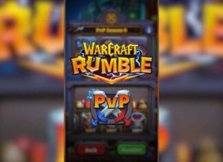 Warcraft Rumble PvP screen with red and green buttons.