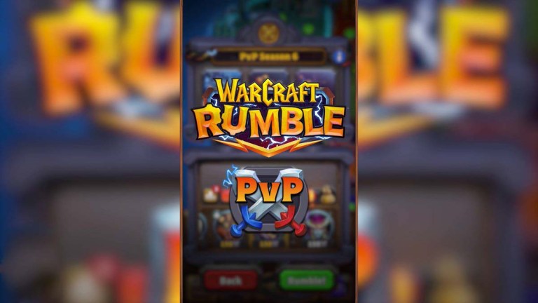 Warcraft Rumble PvP screen with red and green buttons.