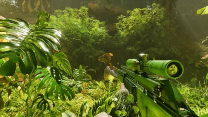 Within a dense forest area, a player is holding a green rifle and about to shoot a Raptor.