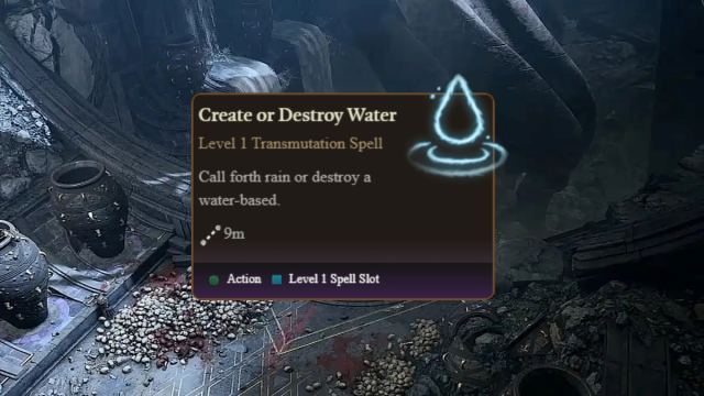 le sort crée ou détruit de l'eau destinée à nettoyer les personnages de Baldur's Gate 3