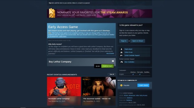 La page Steam de Lethal Company ne montre aucune compatibilité VR officielle. 