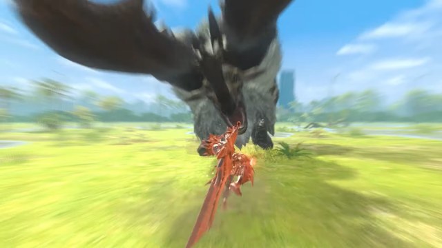 Image promotionnelle pour Monster Hunter Now, montrant le joueur combattant un gros monstre.