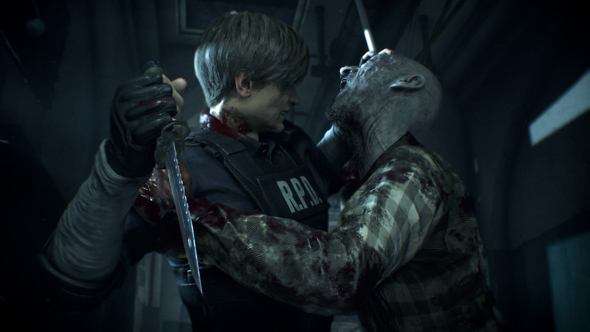 Image promotionnelle pour Resident Evil 2 ;  montrant Léon combattant un zombie avec un couteau.