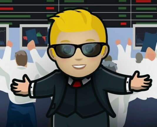 Broker at Wall Street with sunglasses and blond hair.