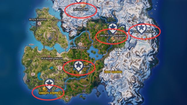 Carte du chapitre 5 de la saison 1 des PNJ grands patrons de Fortnite entourée de cercles rouges.