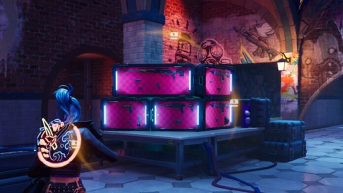 Fortnite Chapter 5 Season 1 weapon case location with weapon case in front of player.