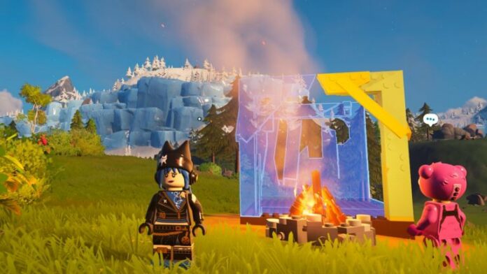 Minifgure standing in front of building under construction in lego fortnite.