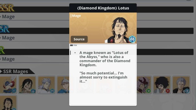 Carte de personnage Lotus en Black Clover M