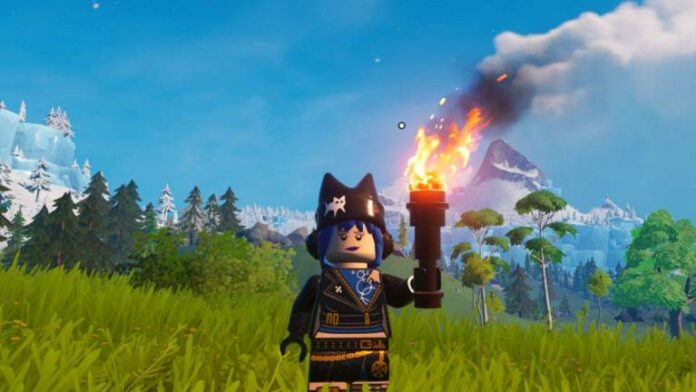 LEGO Minifgure in Fortnite with torch looking at camera.