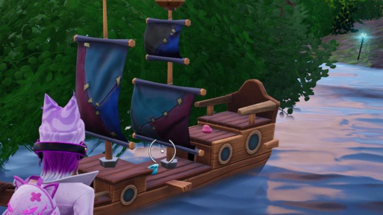 Fortnite player in secret cave with coral buddies on a mini boat.