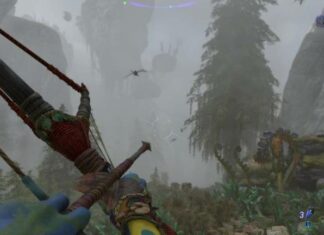 Avatar frontiers of pandora n'avi perspective pulling bow and arrow in a foggy environment