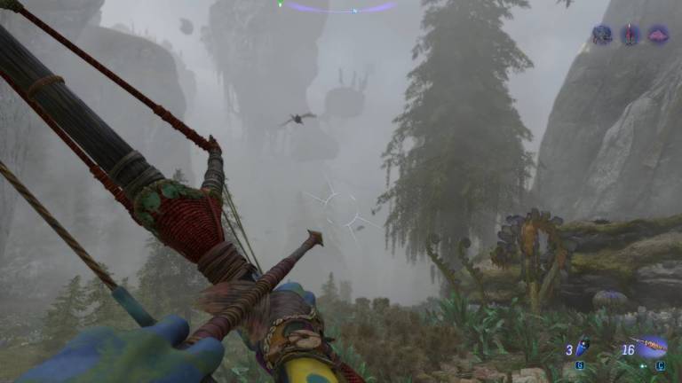 Avatar frontiers of pandora n'avi perspective pulling bow and arrow in a foggy environment