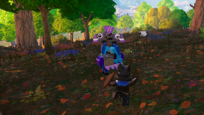 Fortnite LEGO mode screenshot of two loot llamas in a forest with a minifigure.