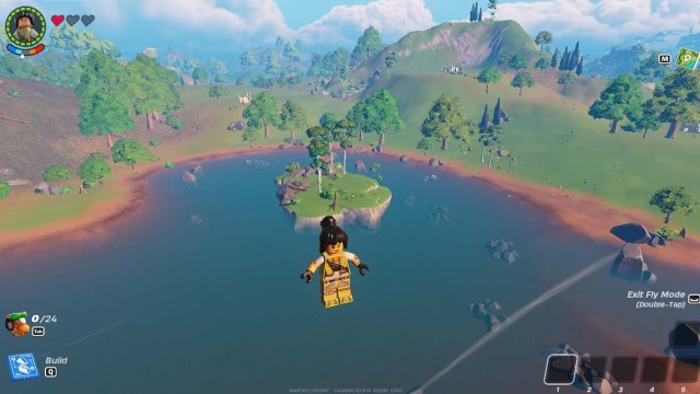 Un grand lac avec une île en Lego Fortnite