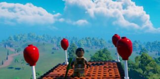 LEGO minifigure character flying on top of a platform with balloons