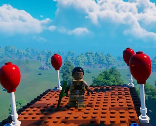 LEGO minifigure character flying on top of a platform with balloons