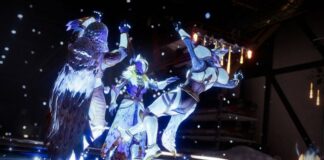 Three guardians in blue light emoting during the Dawning 2023 event.