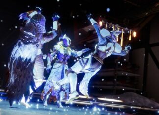 Three guardians in blue light emoting during the Dawning 2023 event.