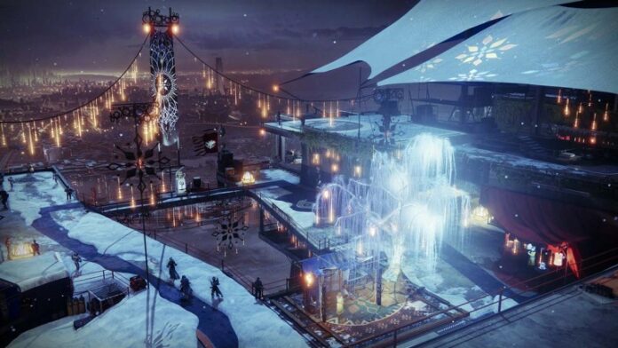 A high shot of the Destiny 2 Tower decorated with Dawning holiday ornaments