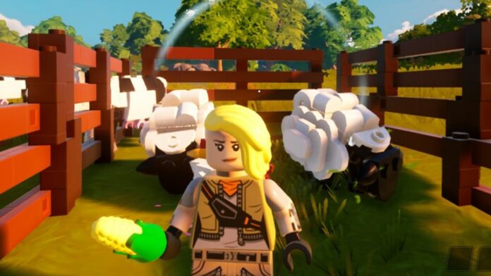 Lego character in farm with different animals