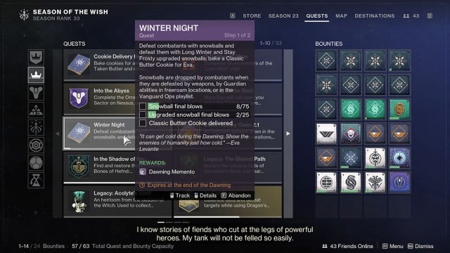 L'onglet de quête Destiny 2 regardant la quête Winter Night