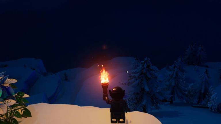 Frostlands at night in LEGO Fortnite.