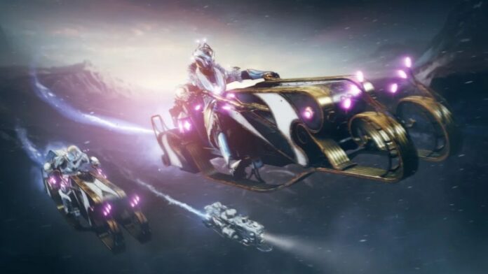 Guardian in white armor rides aa gold sparrow hoverbike with purple lights.