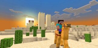 Steve riding on a camel in Minecraft