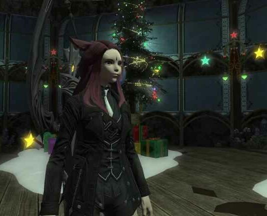 Miqo'te in front of holiday decor