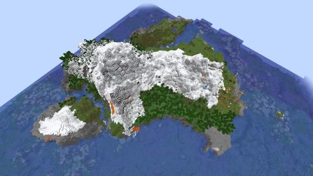 Village insulaire enneigé à l'apparition dans Minecraft