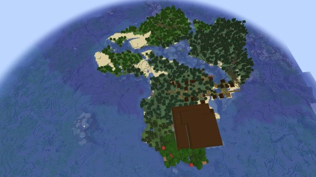 Village insulaire et manoir boisé dans Minecraft