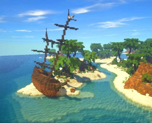 Shipwreck on the island shore in Minecraft