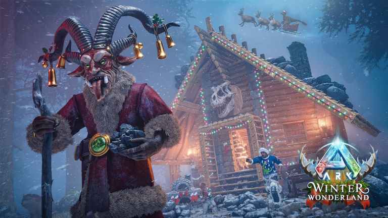 Krampus in front of a shelter