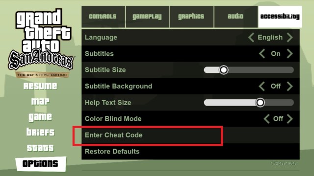 Sélection des codes de triche mise en évidence dans les options du menu d'accessibilité.