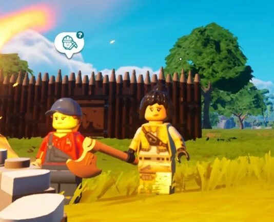 Lego characters standing next to a bonfire
