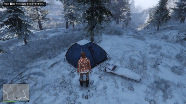 La tente ensanglantée lors de la chasse au Yéti dans GTA 5 Online.