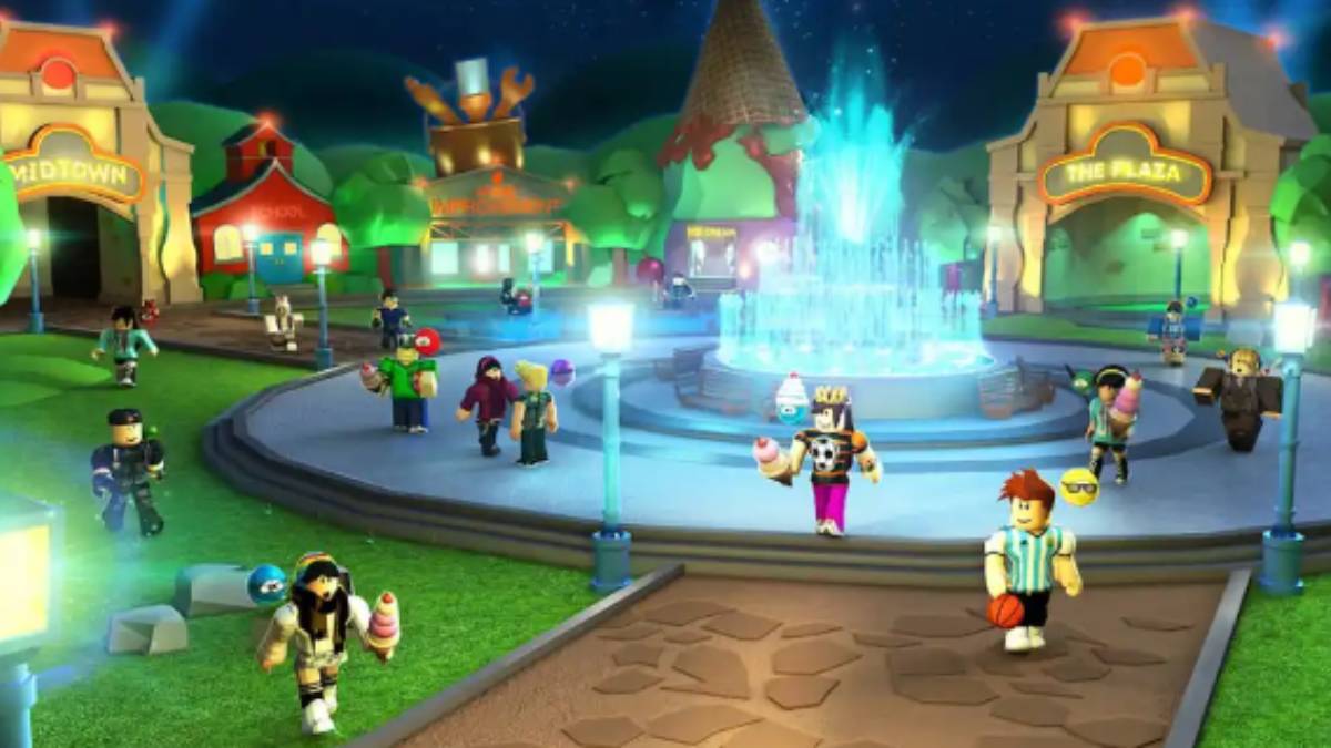 Place Roblox avec des personnages autour d'une fontaine.