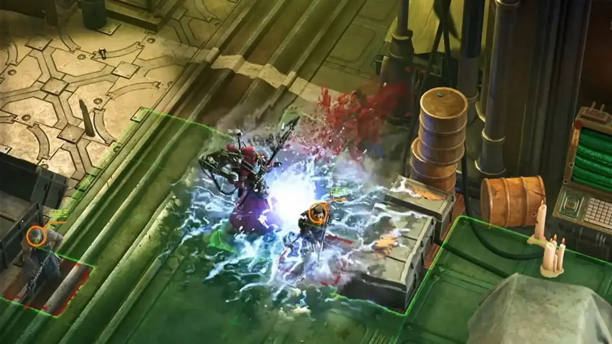 Pasqal frappe un ennemi avec sa hache énergétique dans Warhammer 40k Rogue Trader
