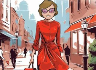 BitLife woman in red on a city street