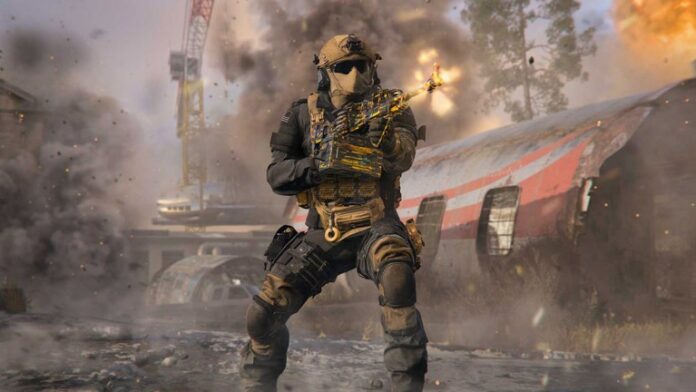 A soldier shooting an LMG in Scrapyard in MW3
