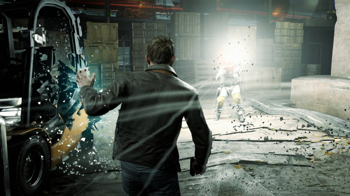Image promotionnelle pour Quantum Break ;  montrant le protagoniste Jack utilisant ses pouvoirs de manipulation du temps sur un ennemi.